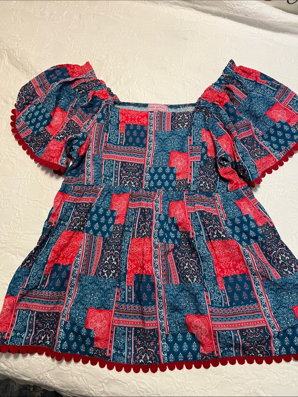 Simply Southern Blue & Red Patchwork Puff-Sleeve Top